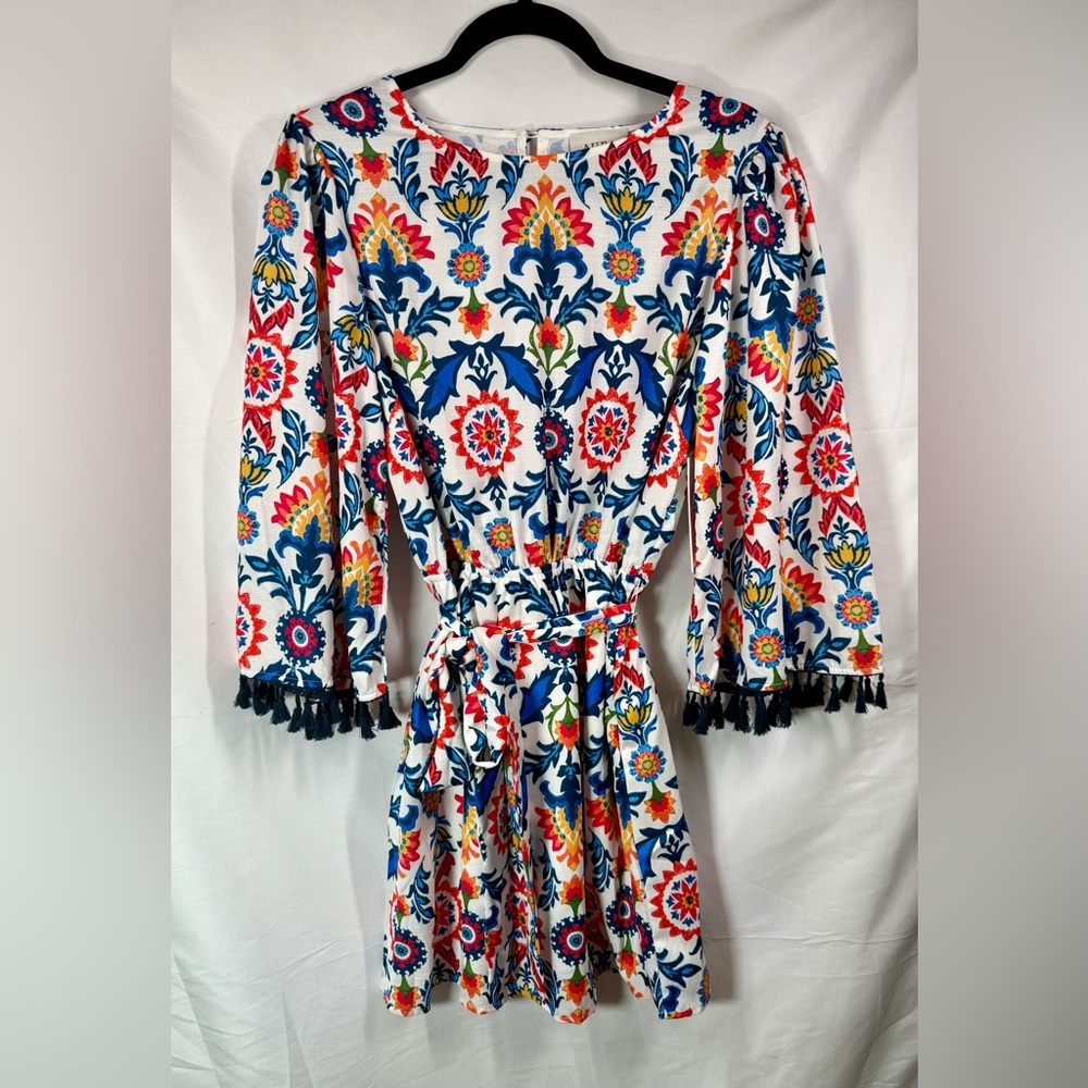 Aura Floral Print And Tassel Mini Dress Size Medium NWT Navy, Blue, Red, Orange